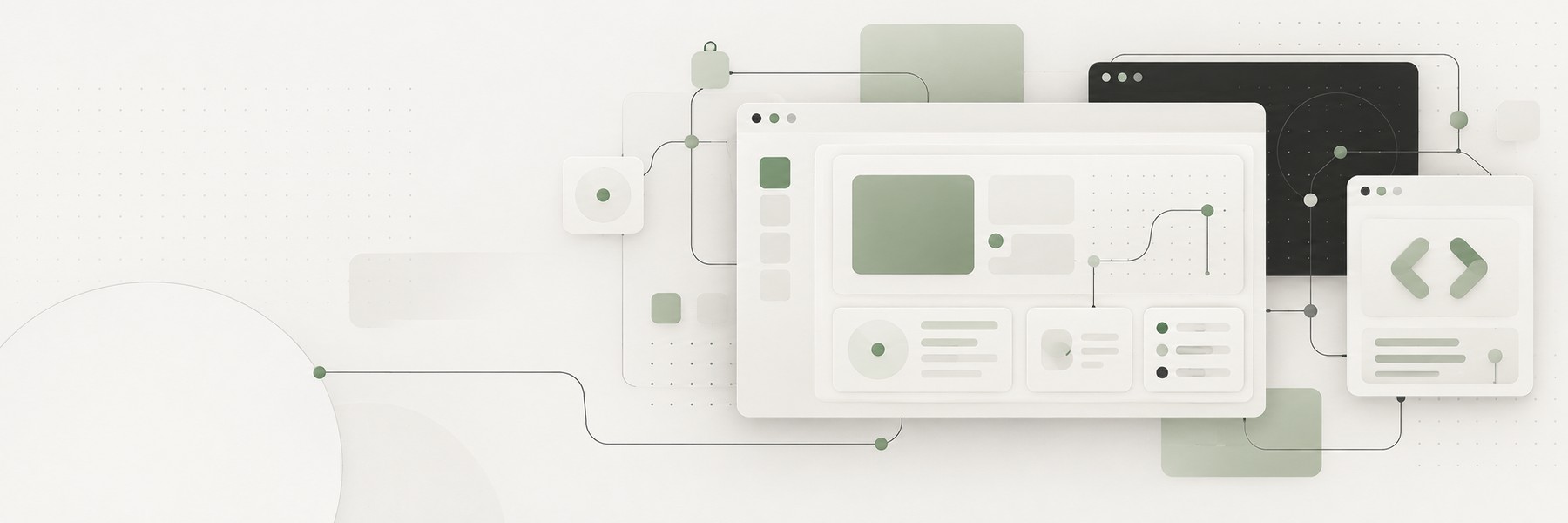 Abstract sage and charcoal software interface shapes on an off-white background